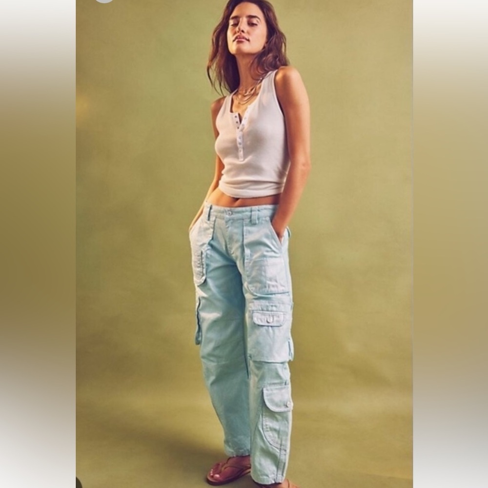 Free People We The Free Lap Of Luxury Low rise Barrel Cargo Jeans Aquamarine 24